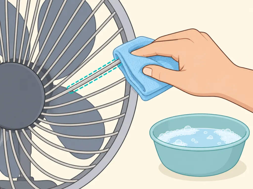 Damp microfiber cloth wiping individual bars of a fan grille.