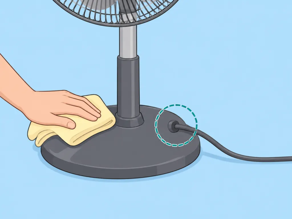 Cloth wiping the base stand and power cord of a fan during cleaning.