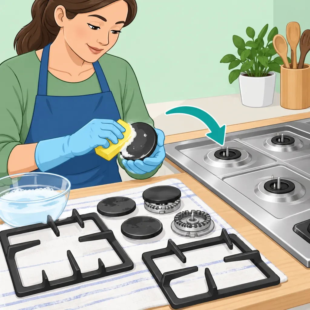 Person cleaning gas hob burner parts beside a cool stovetop.