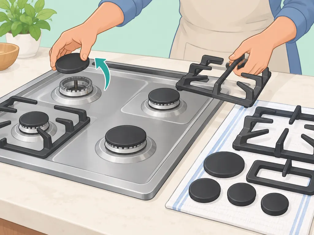 Hands removing grates, caps, and burner heads from a gas hob.