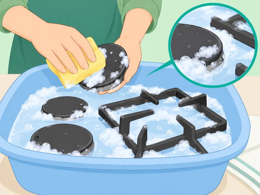Gas hob burner parts washed with warm soapy water.