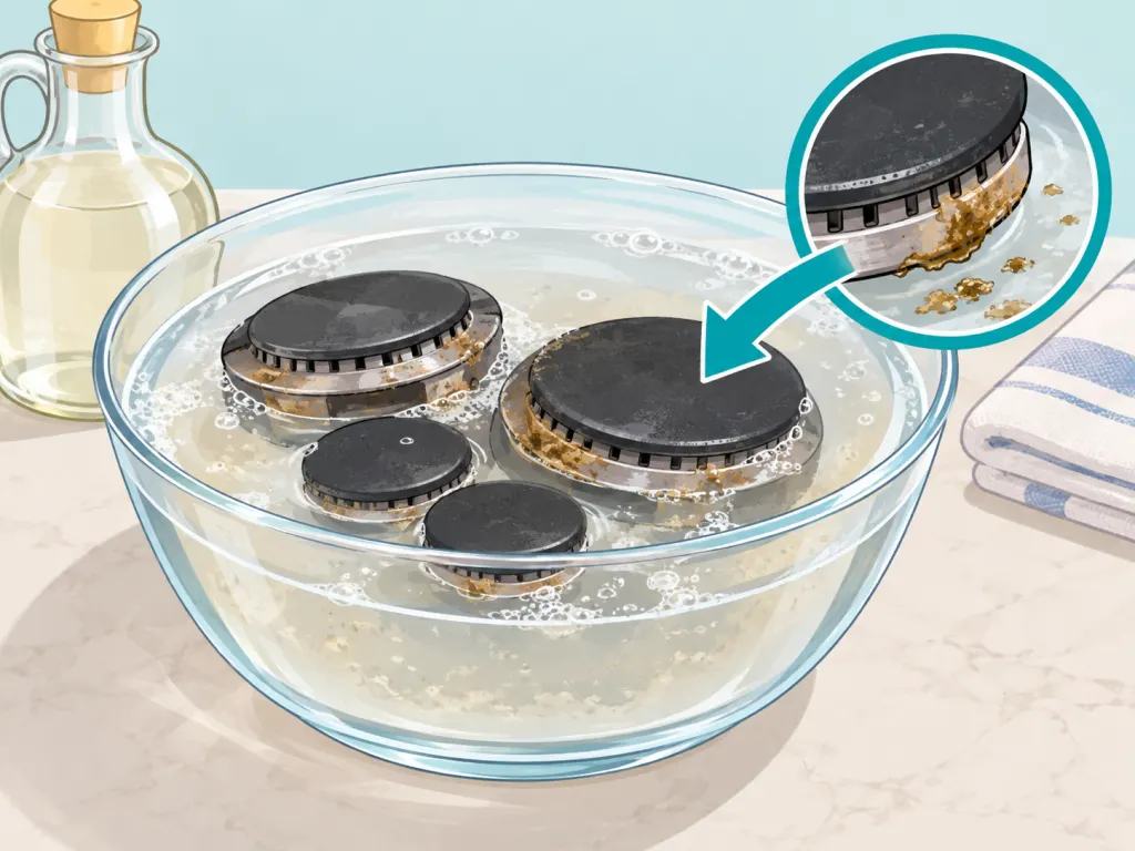 Burner caps soaking in a mild vinegar solution.
