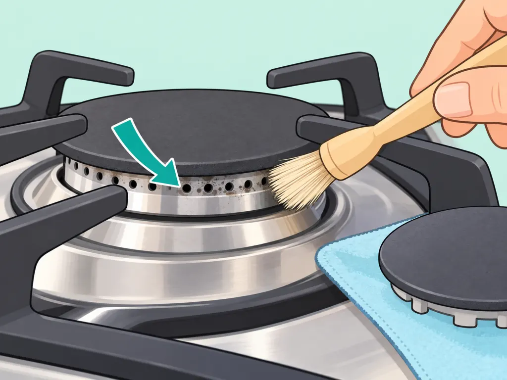 Soft brush gently clearing gas burner openings.
