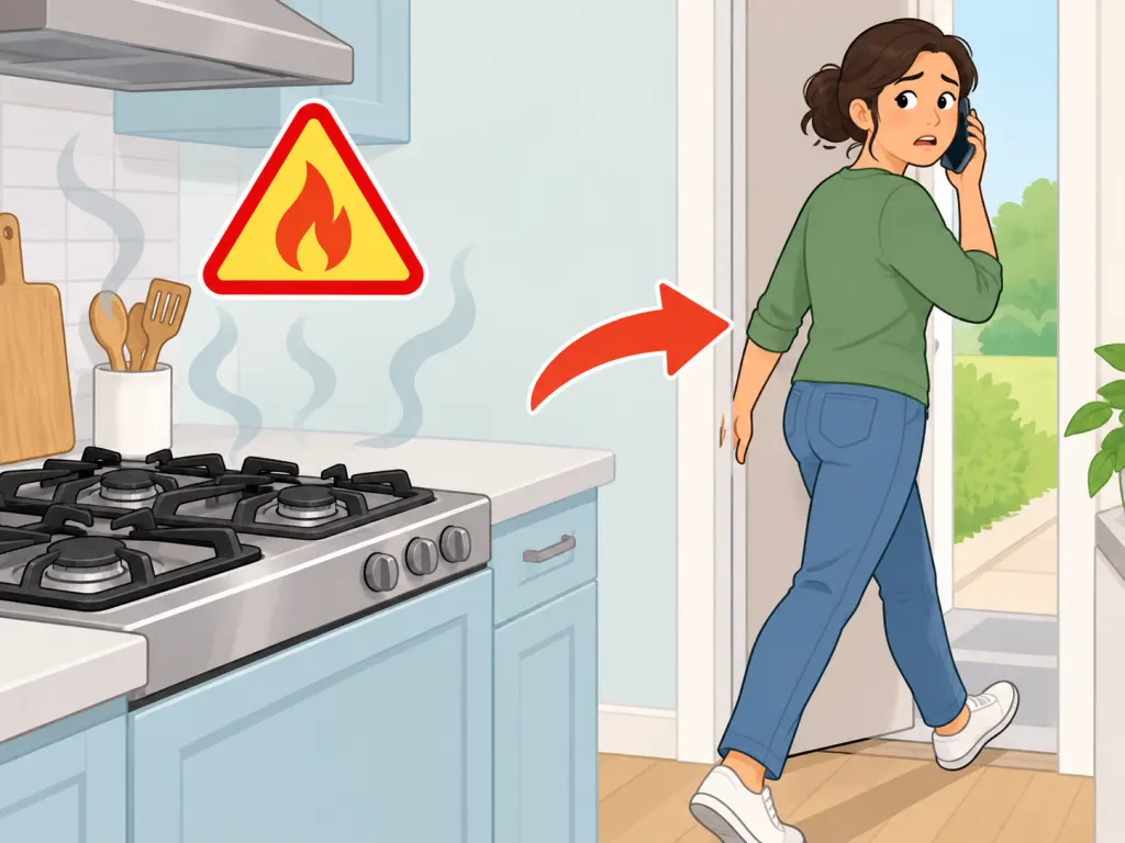 Person leaving the kitchen to seek help after noticing a gas warning sign.
