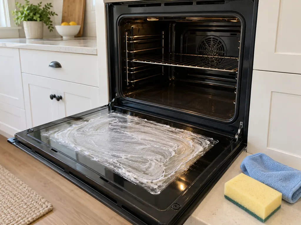 Baking soda paste spread on the inner glass of a cool oven door
