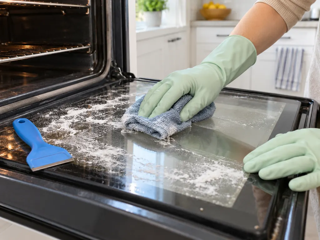 Gloved hands wiping baking soda residue from oven door glass with a damp cloth