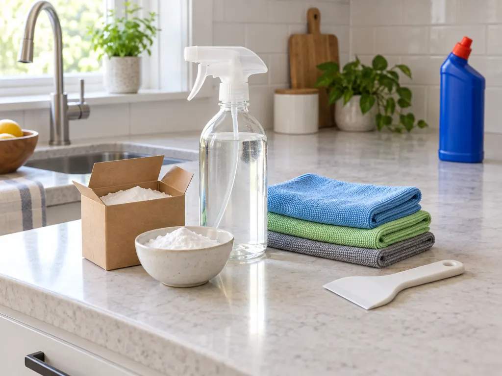 Separated oven glass cleaning supplies arranged on a kitchen counter