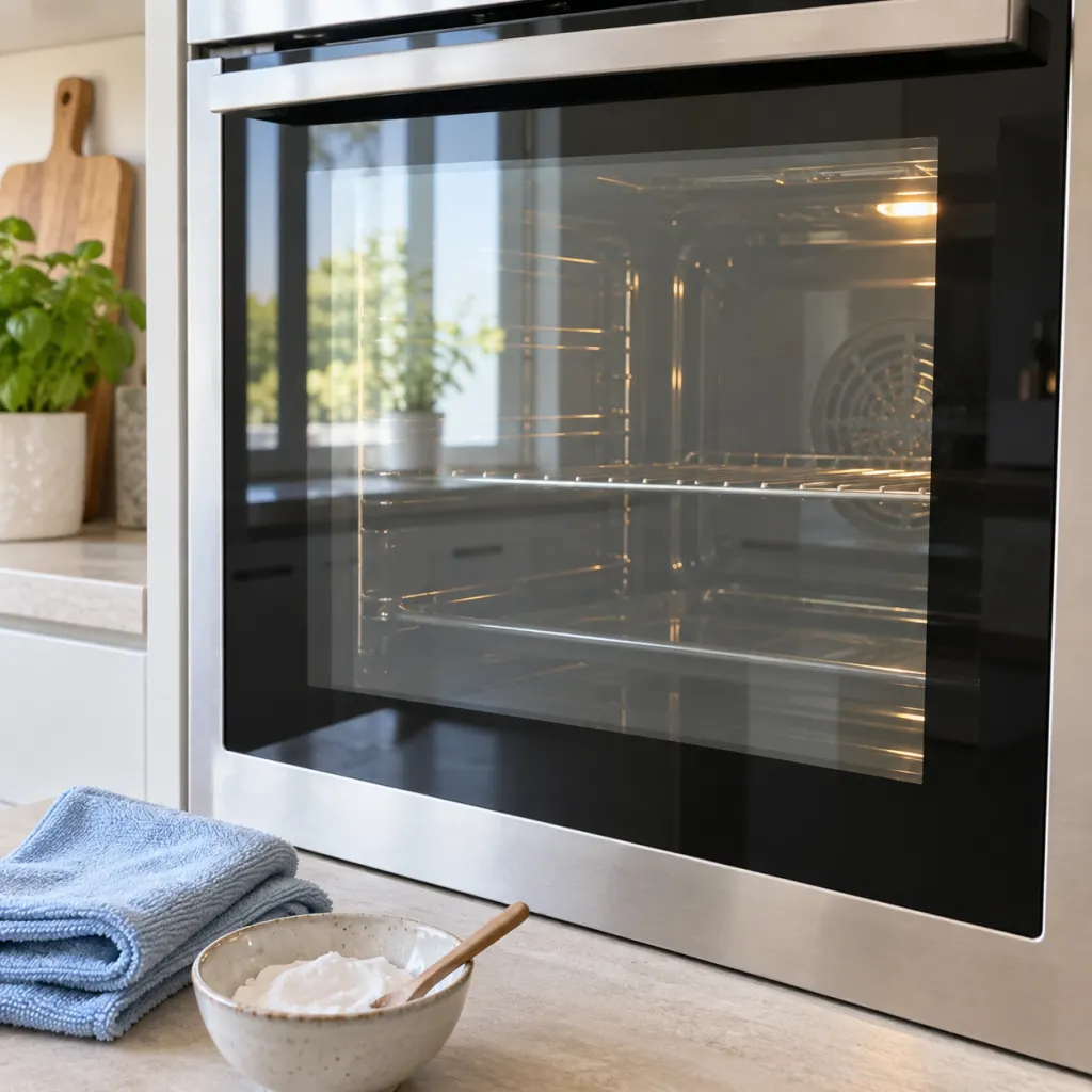 Clean oven door glass with a cloth and bowl of baking soda paste nearby