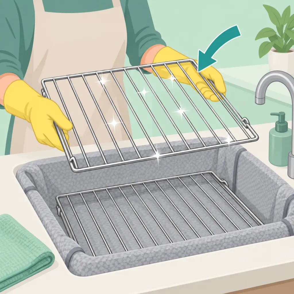 Illustration of a person holding clean oven racks over a protected sink.