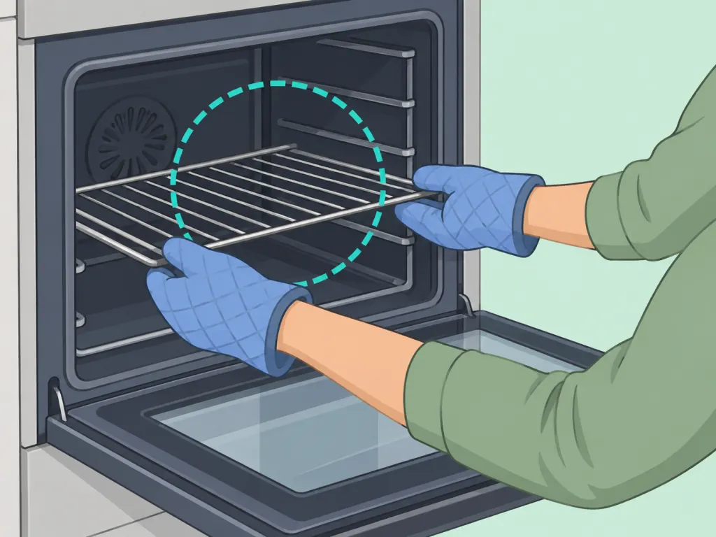 Gloved hands checking that oven racks are cool before cleaning.