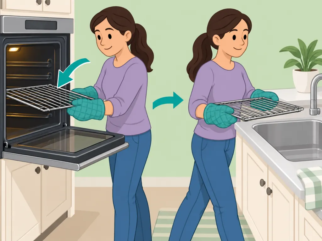 A person removing oven racks and taking them to a large sink.