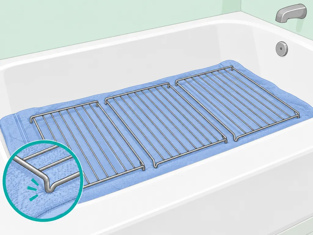 Oven racks resting on a towel that protects the tub surface.