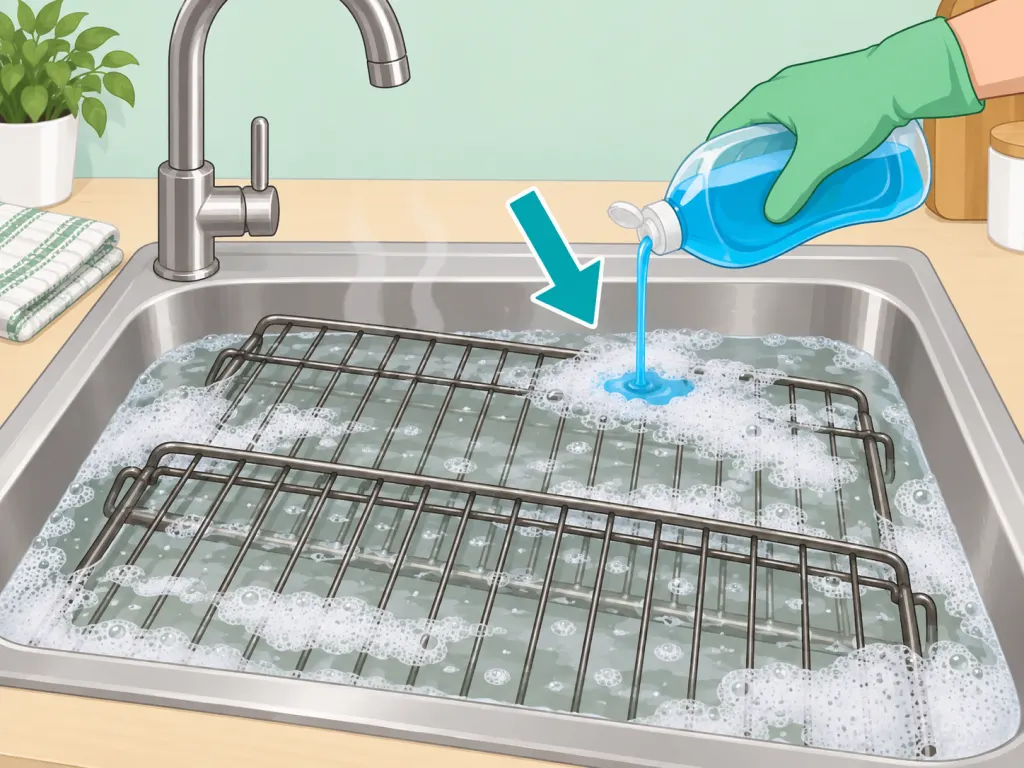 Dish detergent being added to warm water for soaking oven racks.