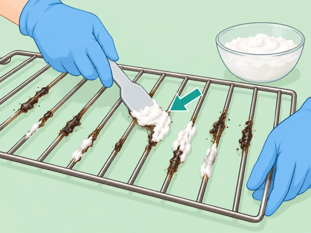 Baking soda paste being applied to stubborn spots on an oven rack.