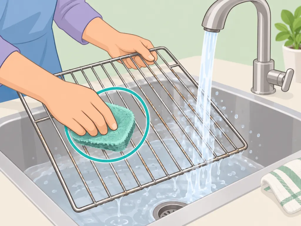 A soft pad scrubbing and rinsing an oven rack.