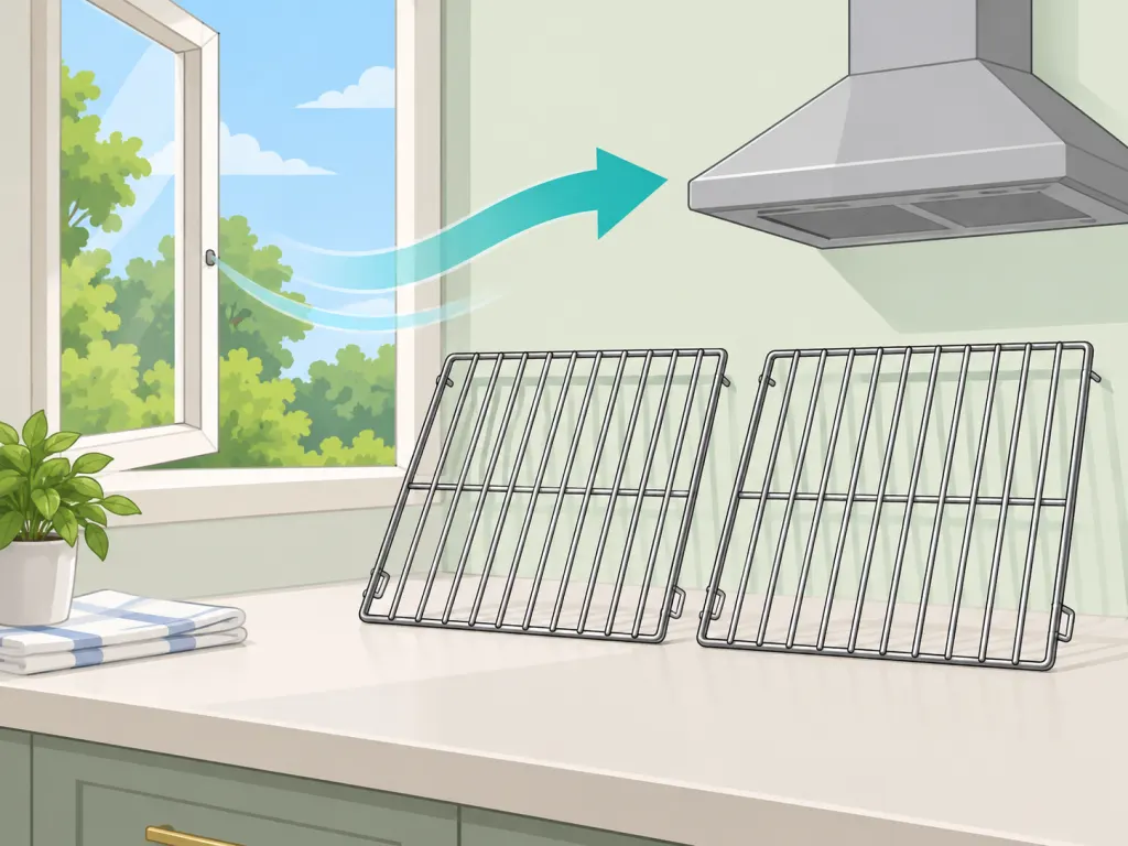 Clean oven racks drying with kitchen ventilation.