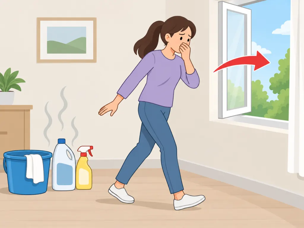 A person stepping away from cleaning fumes toward fresh air.