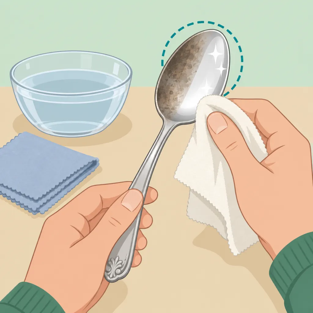 Illustration of a person gently cleaning tarnished silver with a soft cloth.
