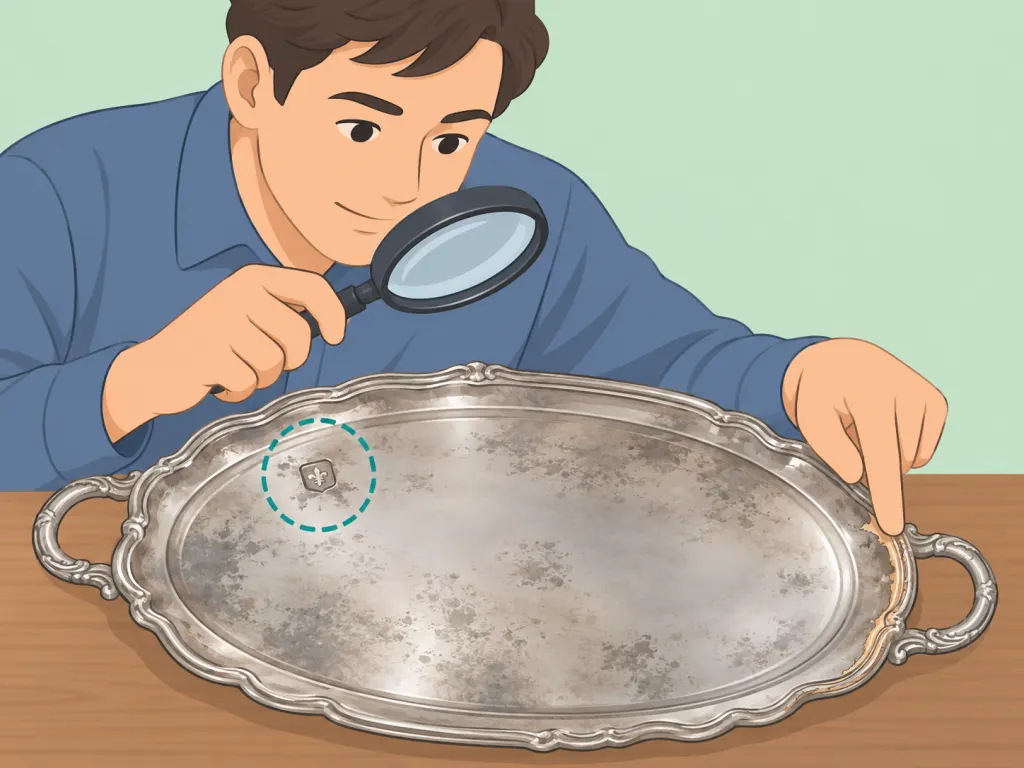 A person examining tarnished silver for marks, plating wear, and delicate details.