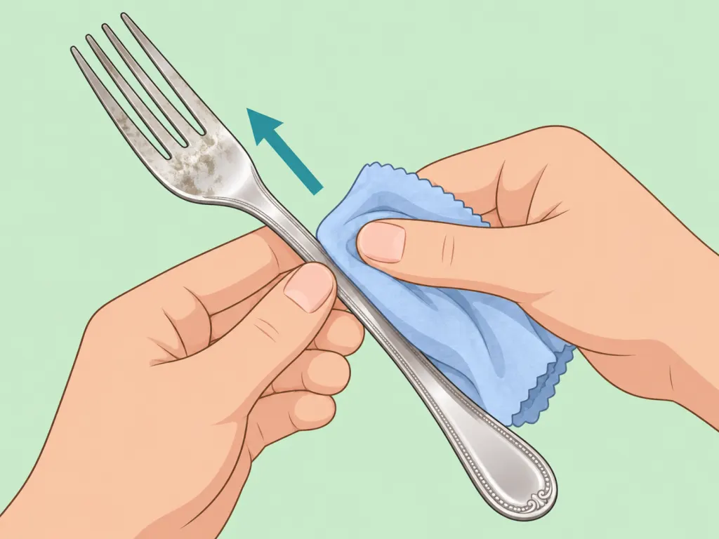 Hands buffing light tarnish from silver with a polishing cloth.