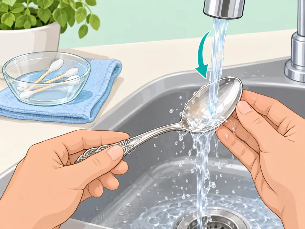 Hands rinsing cleaner residue from silver after tarnish removal.
