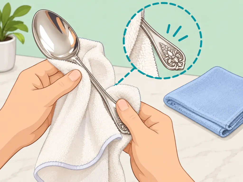 Hands drying silver completely with a soft towel.