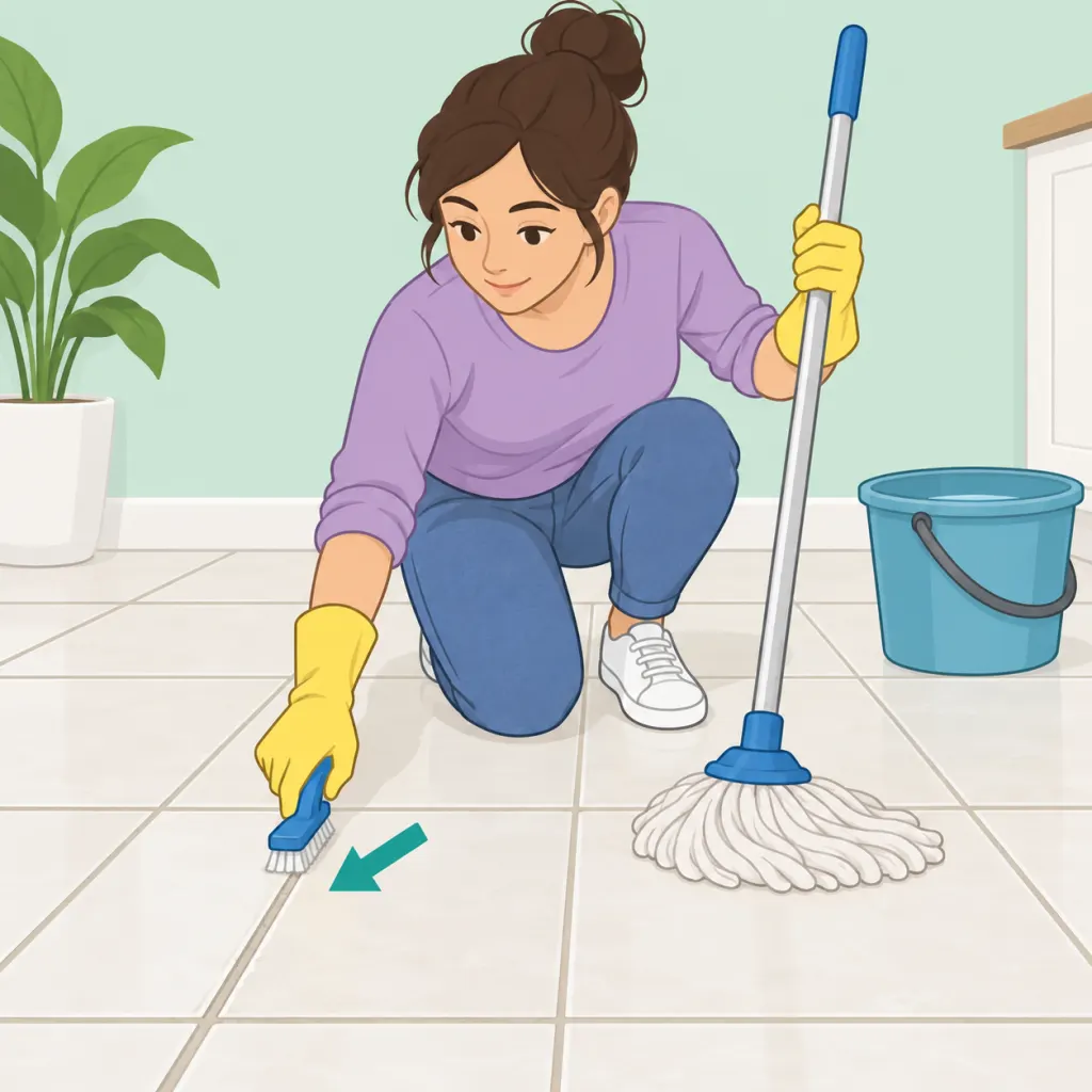 Illustration of a person mopping tile while brushing the grout lines.