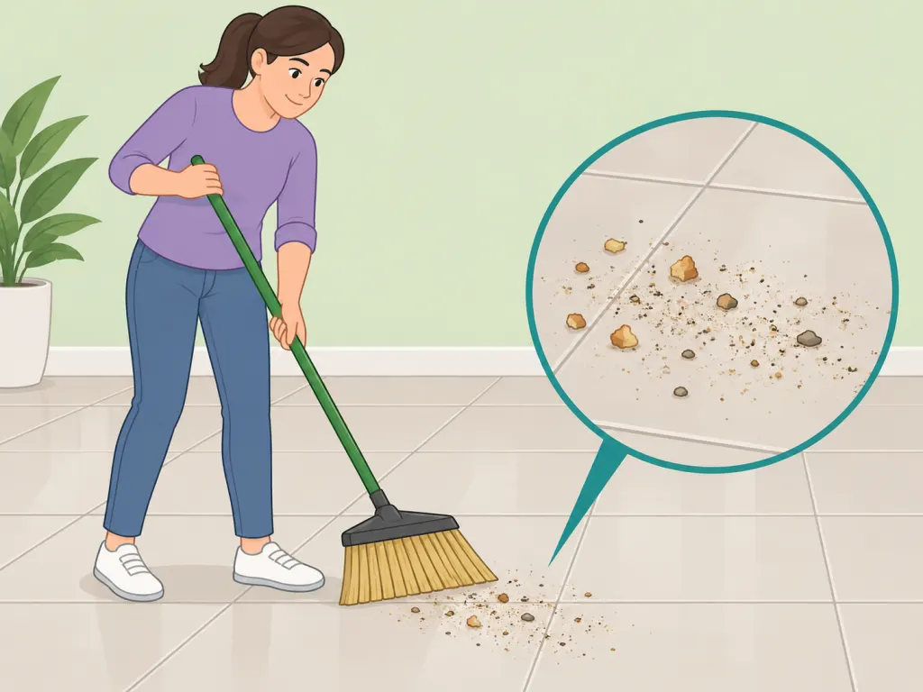 Person removing loose grit from tile before wet cleaning.