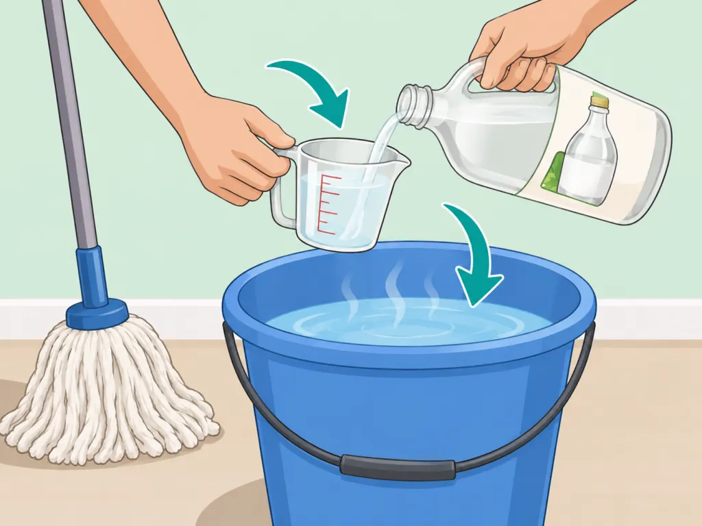 Hands mixing a mild vinegar-water solution in a bucket.