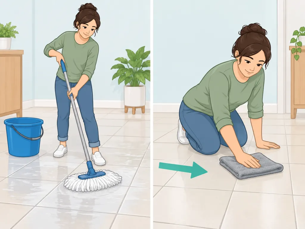 Person rinsing and drying a cleaned tile floor.
