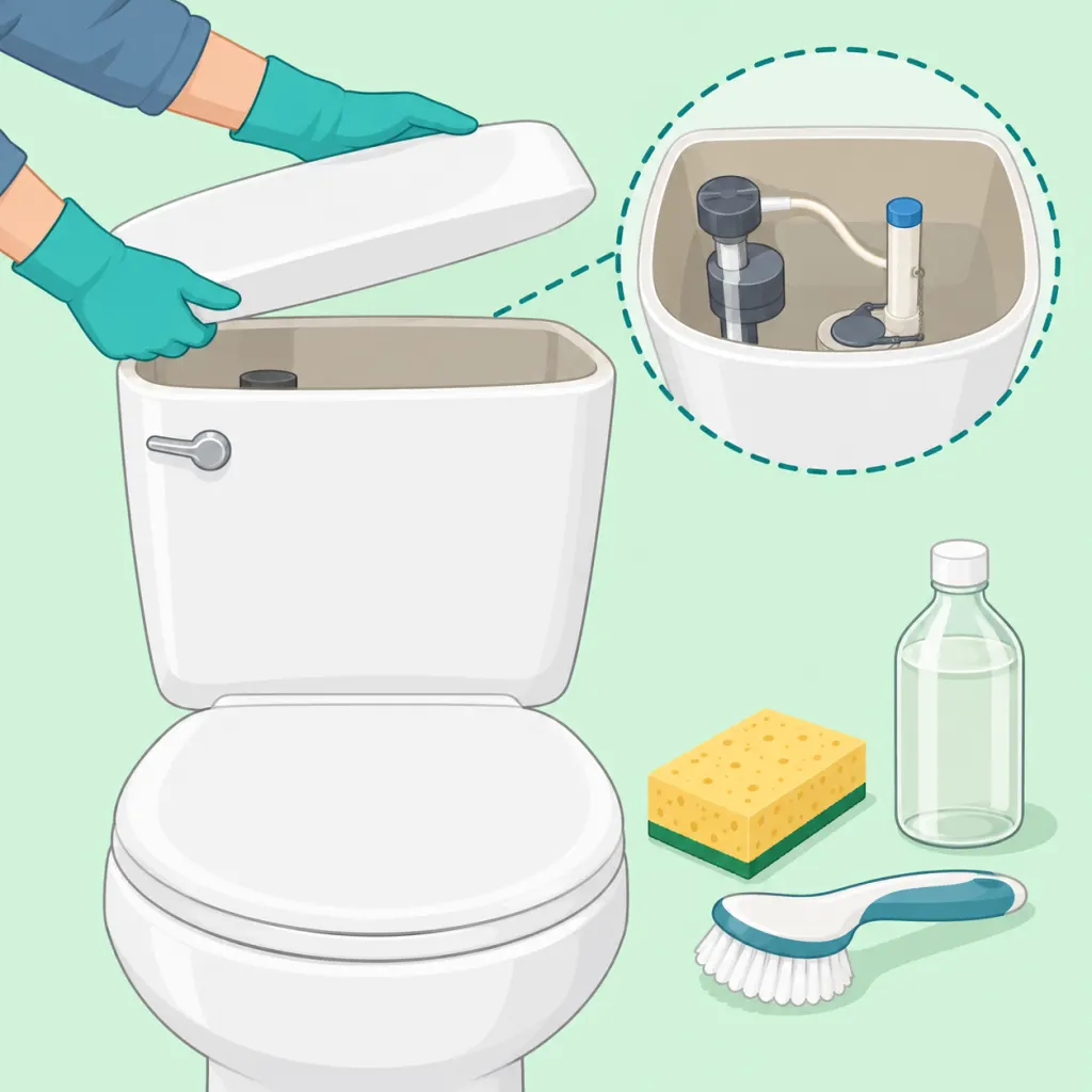 Illustration of a gloved person preparing to clean the inside of a toilet flush tank.
