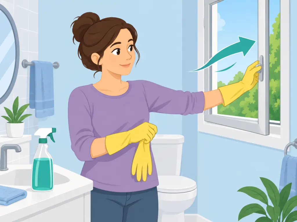 A person ventilating the bathroom and choosing one cleaner before cleaning a toilet tank.