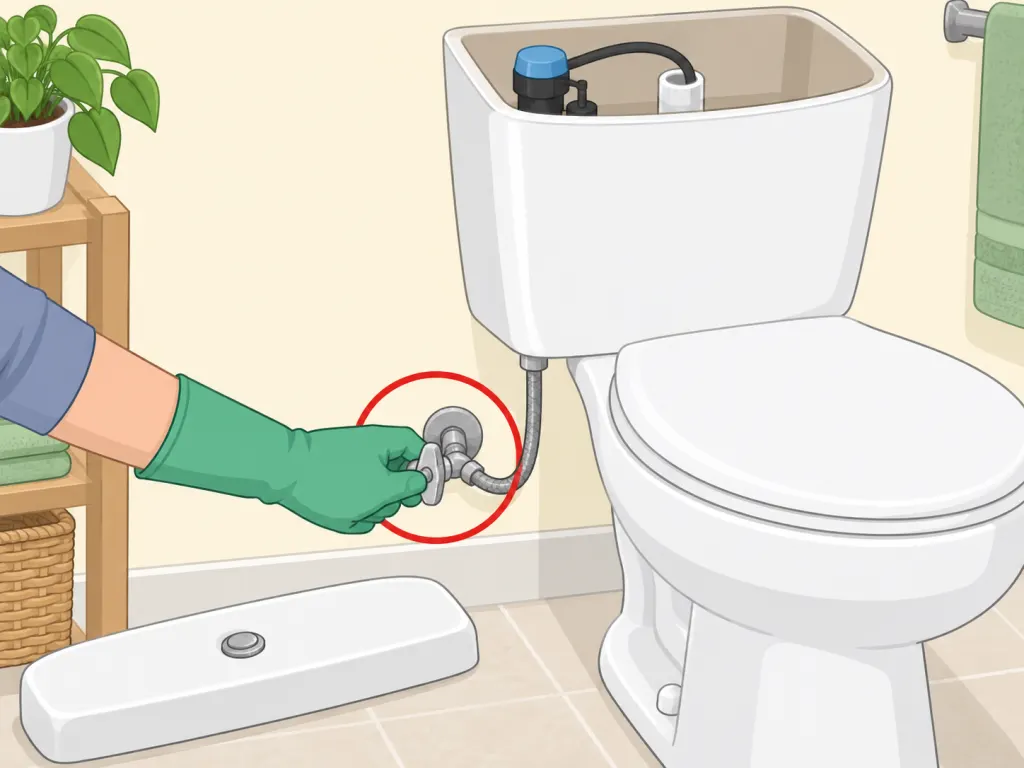 Gloved hands turning off the water supply before draining a toilet tank.