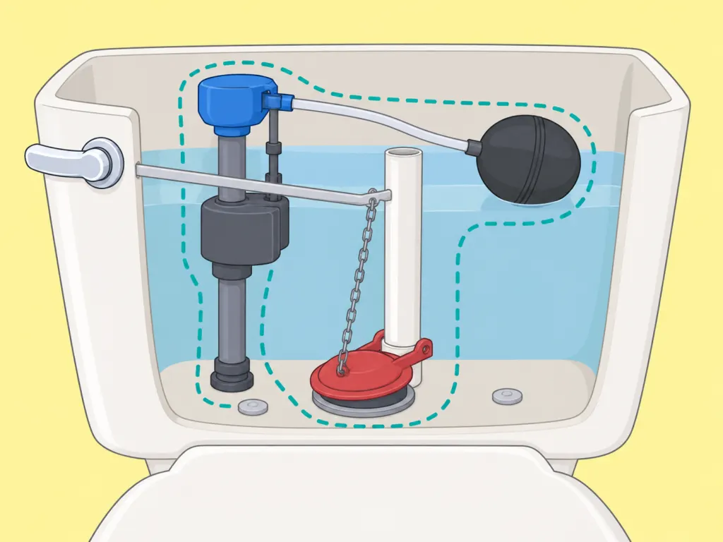 The inside of a toilet tank being inspected before scrubbing.