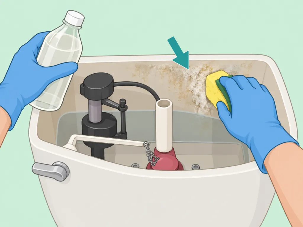 A person softening mineral buildup inside a toilet tank with vinegar.