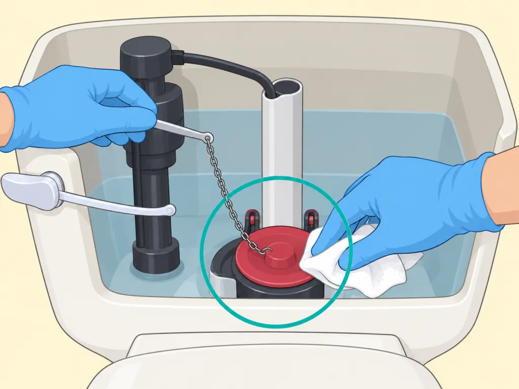 A person cleaning around the flapper seat and handle chain inside a toilet tank.