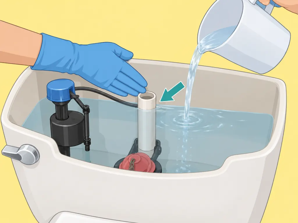 A toilet tank being rinsed and refilled after cleaning.