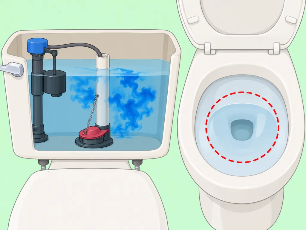 A toilet tank dye test being used to check for leaks after cleaning.
