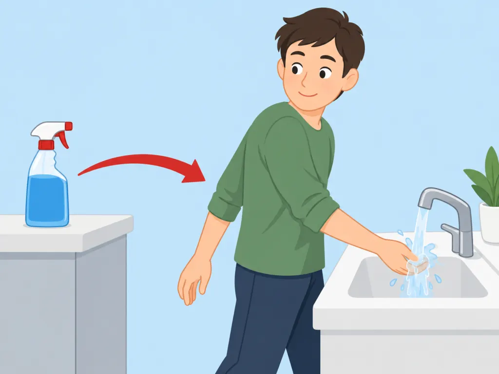 A person stopping cleaning and rinsing after a cleaner splash or strong fumes.