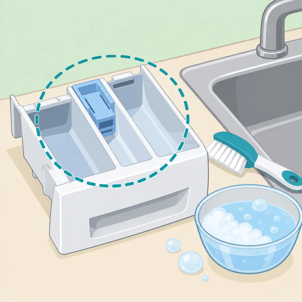 Person preparing to clean a removed washing machine detergent drawer.