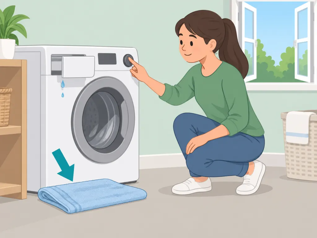 Person turning off a washer and placing a towel under the detergent drawer.