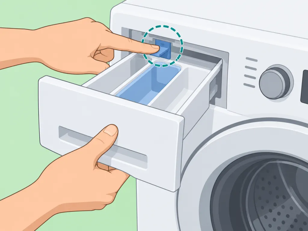 Hands removing a washing machine detergent drawer by pressing the release tab.