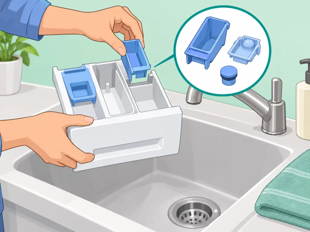 Hands removing loose inserts from a washing machine detergent drawer.
