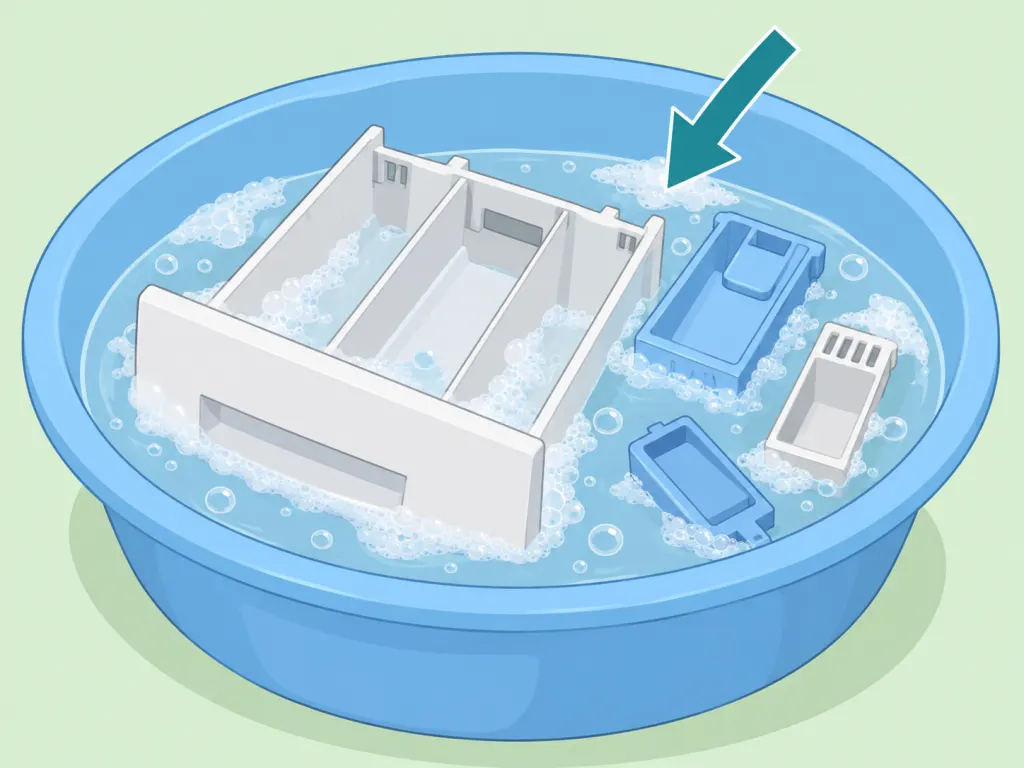 Detergent drawer parts soaking in warm soapy water.