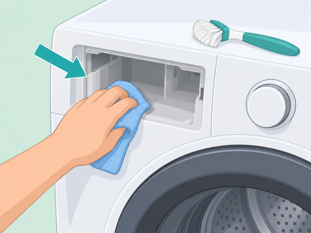 Person wiping the empty detergent drawer cavity with a damp cloth.