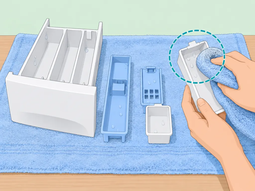 Washed detergent drawer parts being dried completely with a towel.