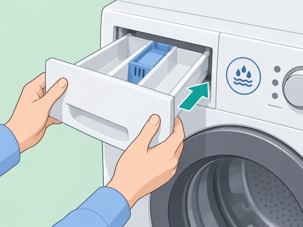 Clean detergent drawer being reassembled and slid back into the washer.
