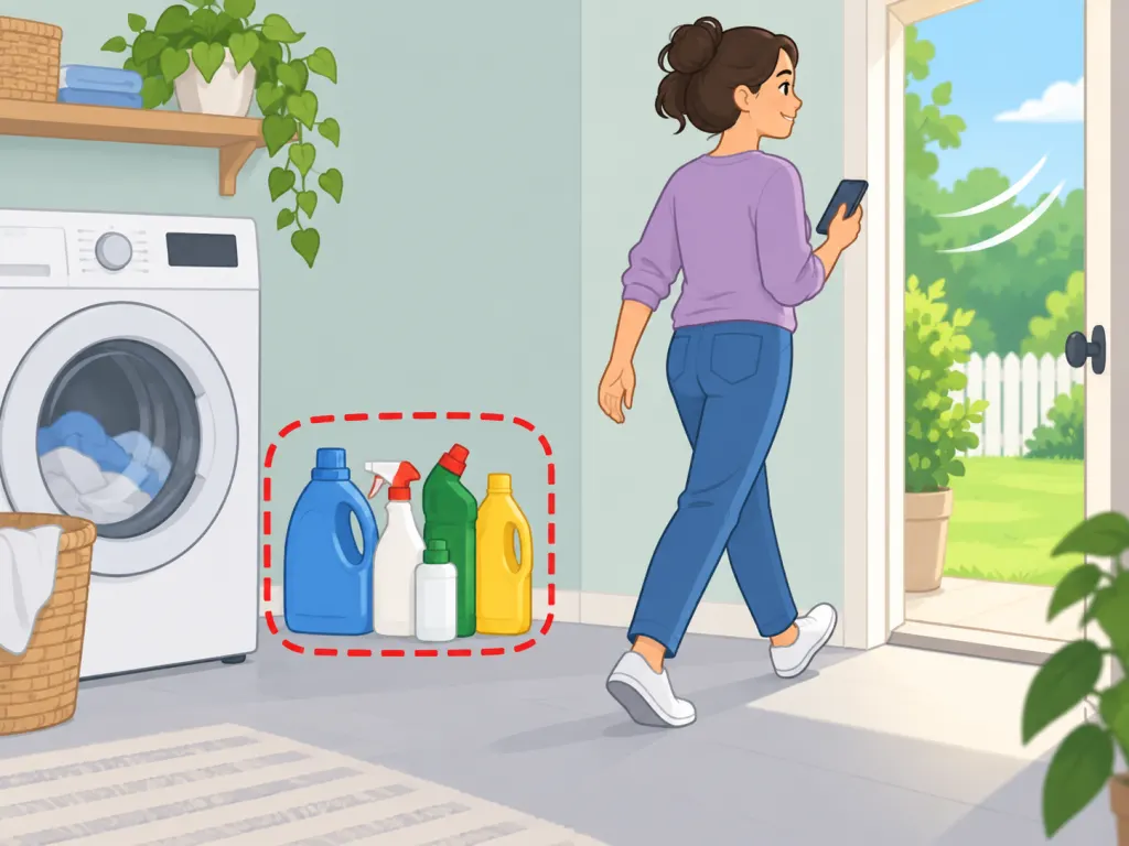 Person moving away from cleaning products and seeking help after possible fume exposure.