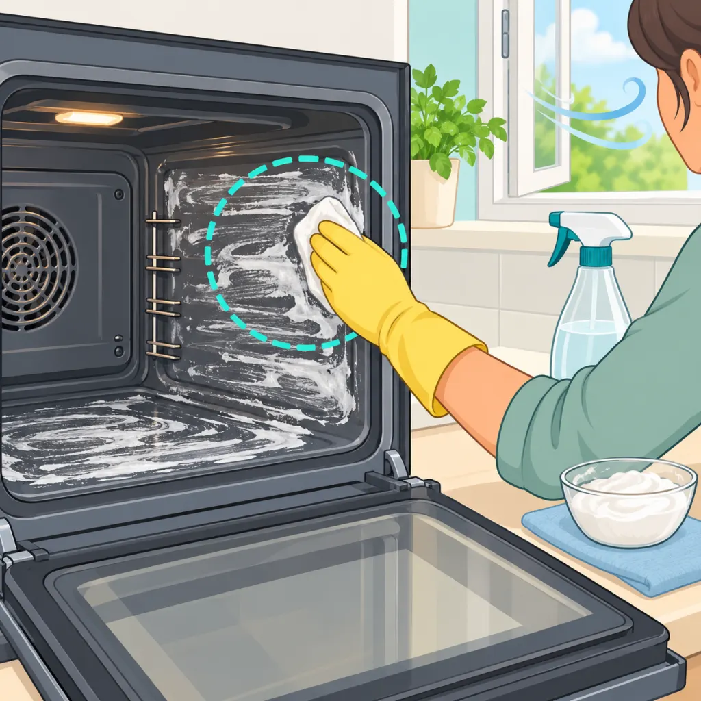 Illustration of a hand spreading a cleaning paste inside an open oven with a window letting in fresh air.