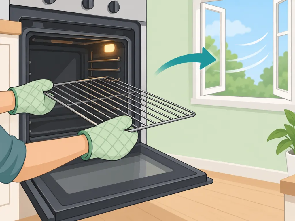 Removing an oven rack while a nearby window is opened for fresh air.